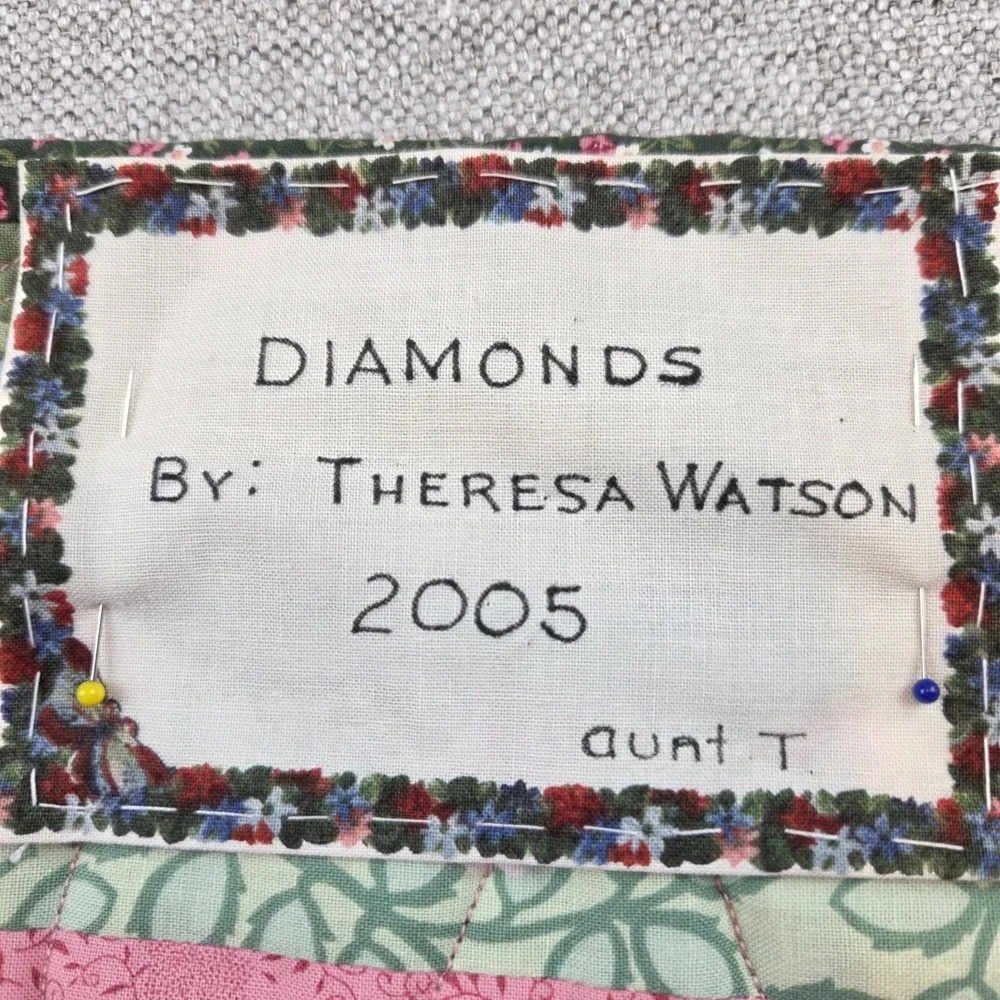 Vintage 2005 Pink/Green‎ Square Handmade Patchwork Diamond Pattern Quilt NEW